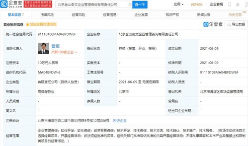 雷軍獨資設立金山奇文企業管理咨詢公司，全資持股引發市場關注